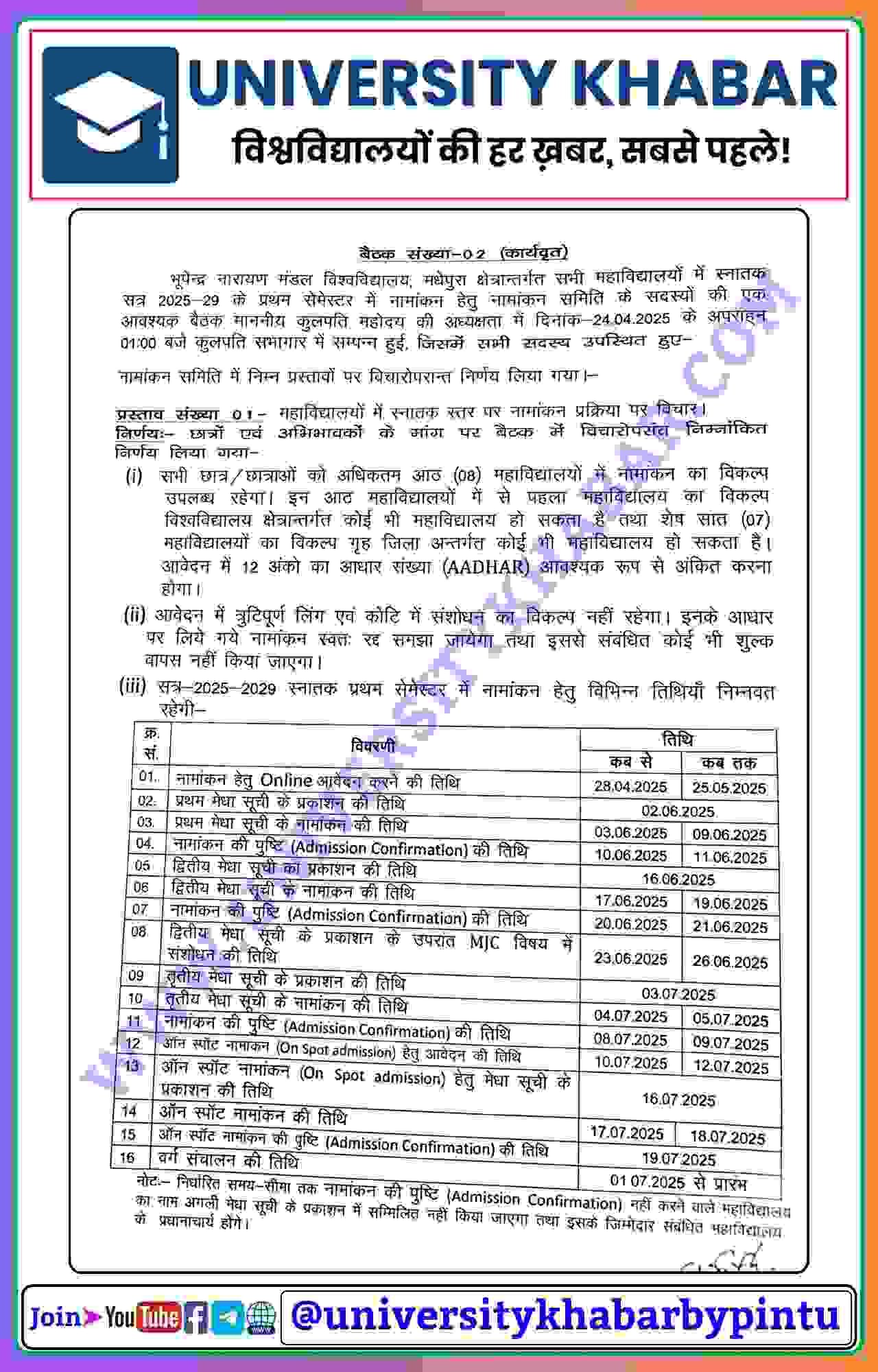BNMU UG 1st Semester Admission Old Notice