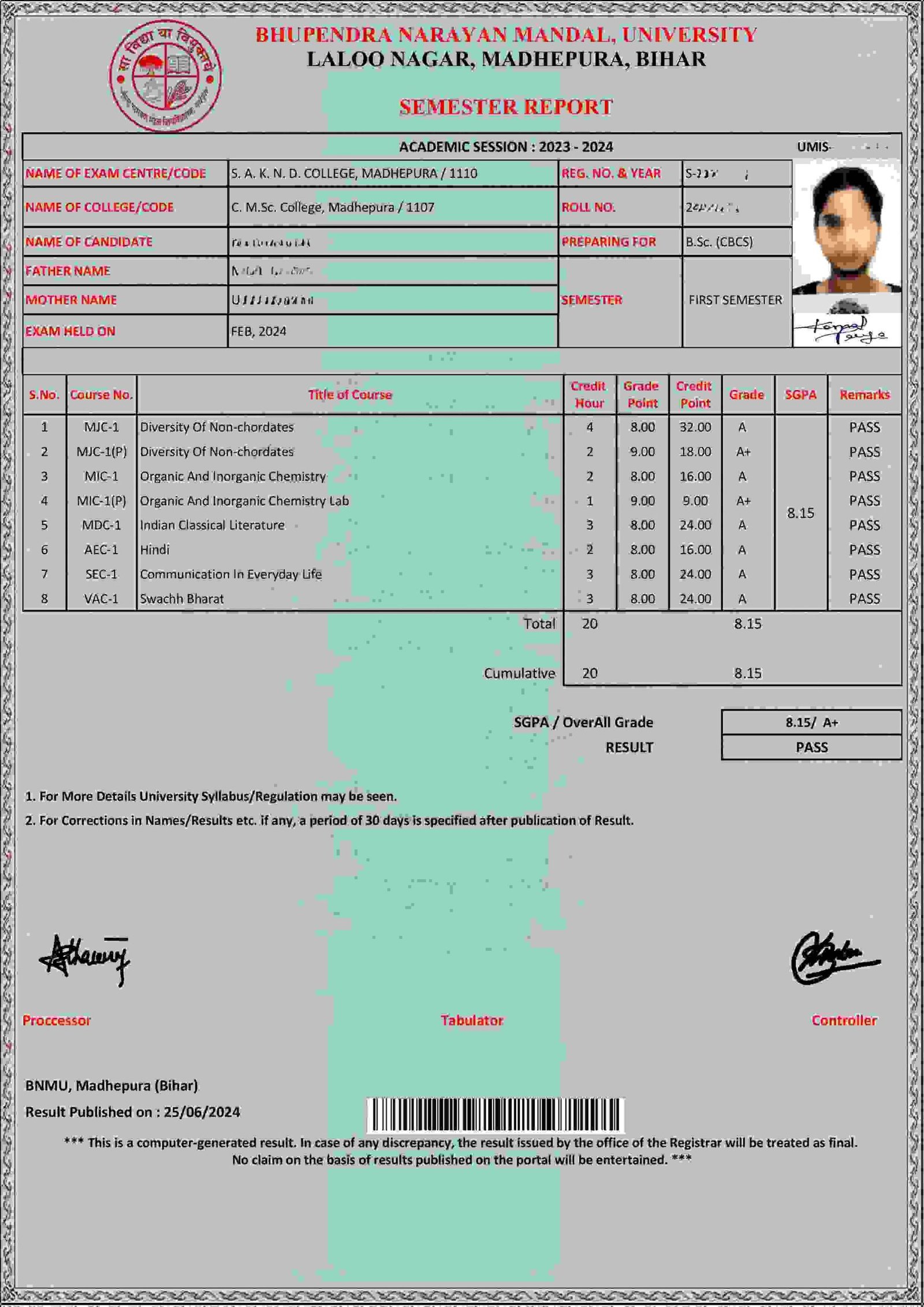 Mention Details In BNMU UG 1st semester Result 2024-28